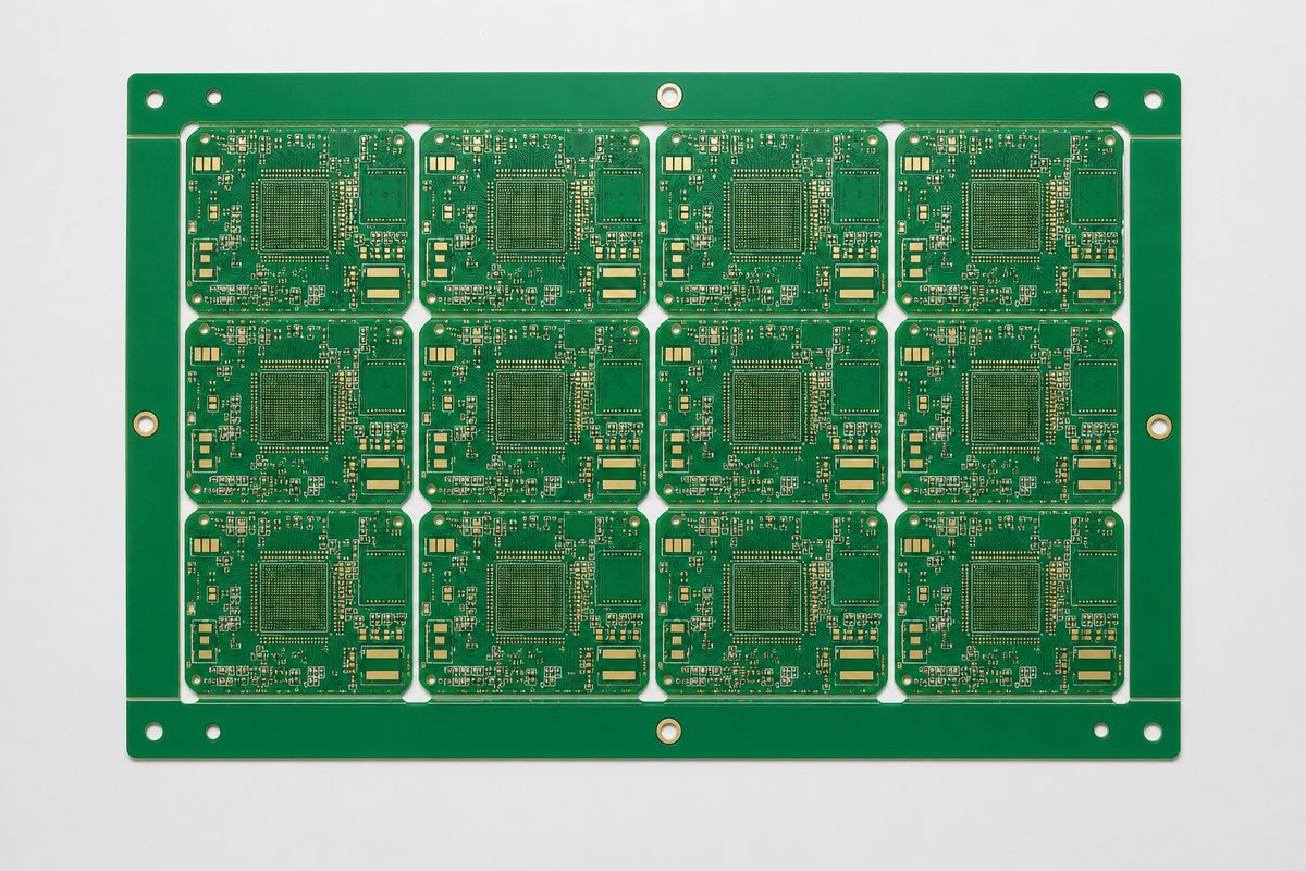 Top-down PCB panel showing the array, edge rails, tooling holes, and usable area