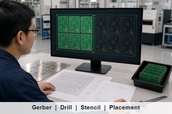 PCB panelization data review matching Gerber drill panel drawing stencil and placement origins