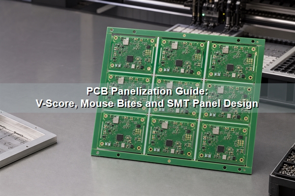PCB panelization guide showing an SMT-ready circuit board array with rails and fiducials