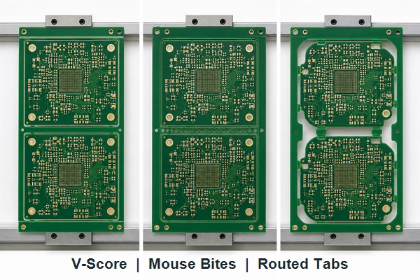 PCB panelization methods comparing V-score tab routing mouse bites and routed channels
