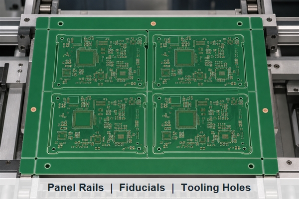 PCB panel rails with asymmetric fiducials tooling holes and SMT stencil datum features