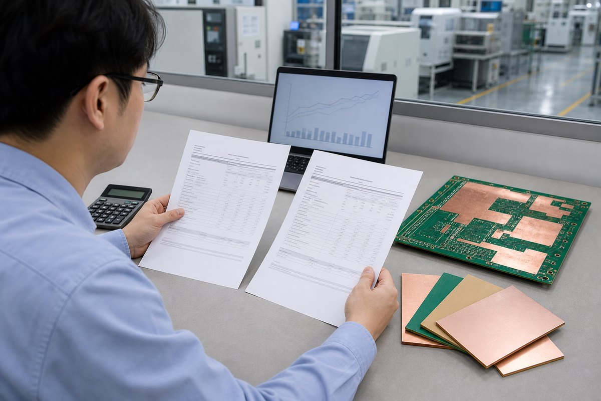 Procurement engineer comparing PCB quotations with copper and laminate samples