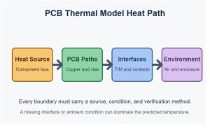 PCB thermal model heat path from component loss through copper, vias, interfaces, enclosure and air