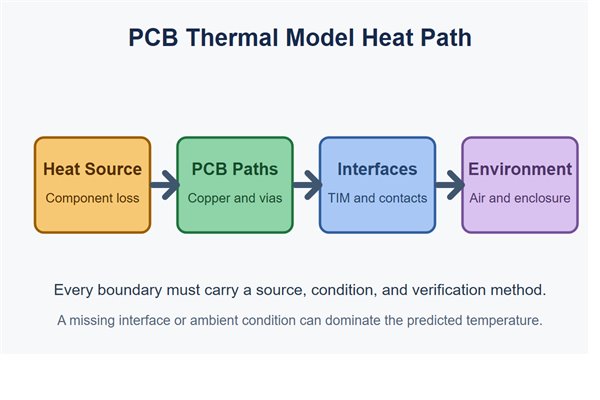 PCB thermal model heat path from component loss through copper, vias, interfaces, enclosure and air