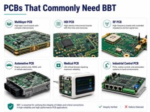 Multilayer, HDI, RF, automotive, medical, and industrial control PCBs that commonly need BBT