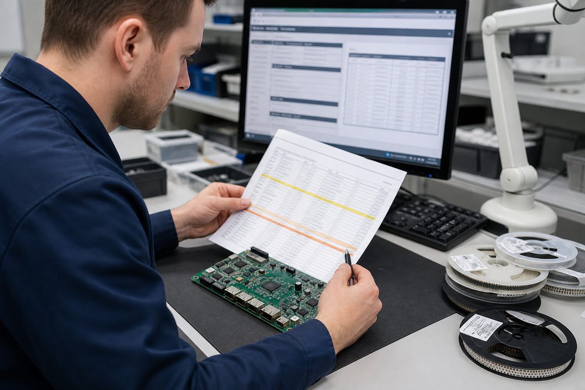 Engineer reviewing a PCBA BOM, component reels, and cost changes