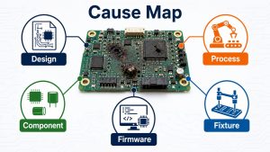 PCBA failure cause map covering design process component firmware and fixture causes