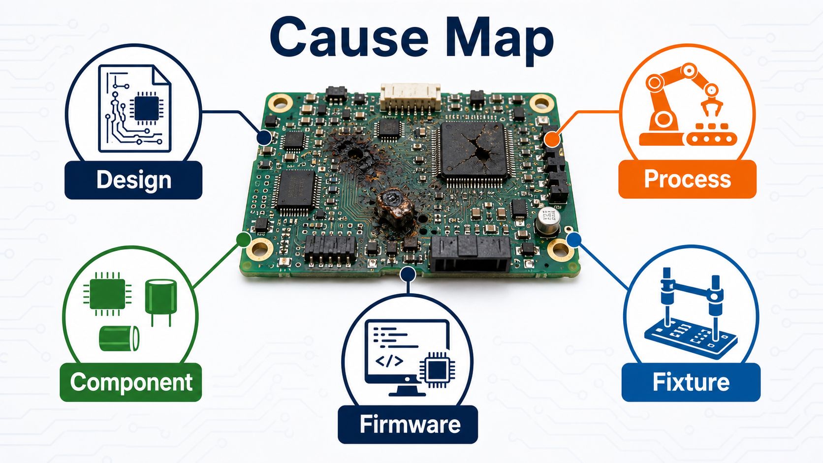 PCBA failure cause map covering design process component firmware and fixture causes