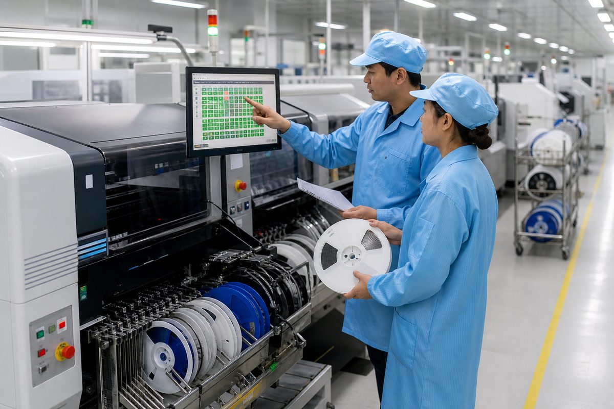 PCBA production team checking component material readiness before SMT scheduling