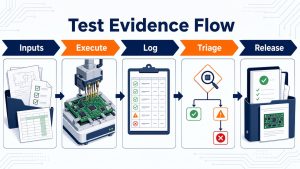 Test evidence flow from controlled inputs through execution logging failure triage and release