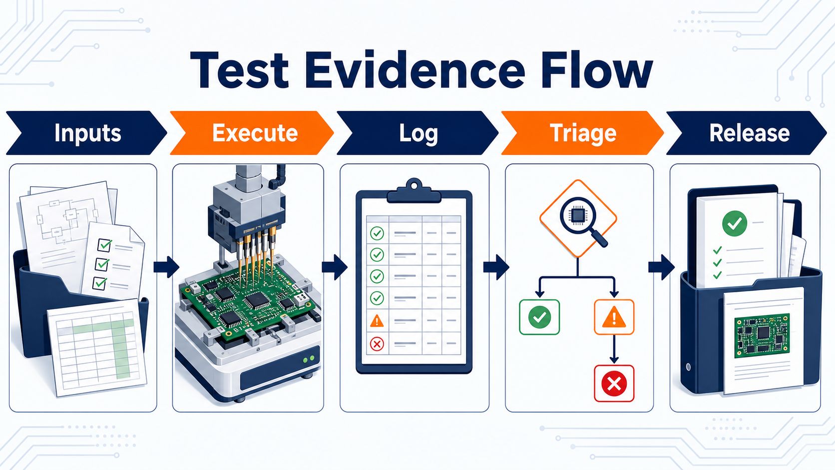 Test evidence flow from controlled inputs through execution logging failure triage and release