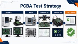 PCBA test strategy combining SPI AOI X-ray electrical testing functional testing and release logs