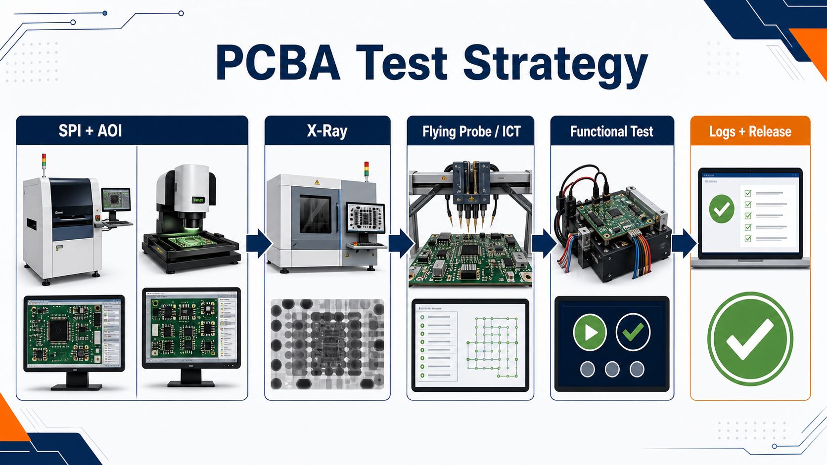 PCBA test strategy combining SPI AOI X-ray electrical testing functional testing and release logs