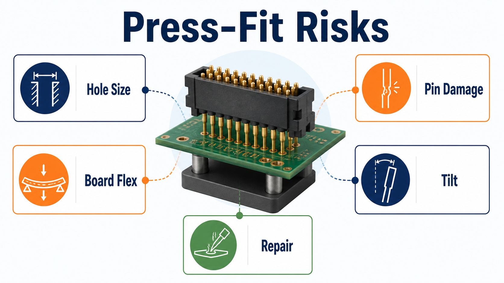 Press-fit PCB risks including hole size board flex pin damage tilt and repair