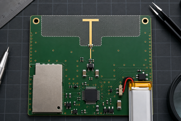 Printed quarter-wave monopole PCB layout with antenna keep-out