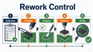 PCB rework control sequence from authorization through removal preparation replacement and verification