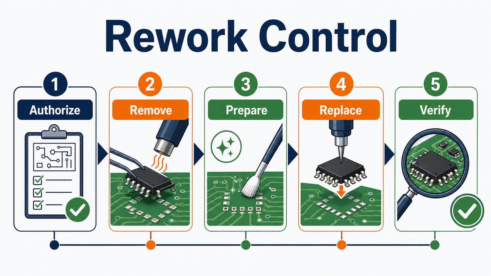 PCB rework control sequence from authorization through removal preparation replacement and verification