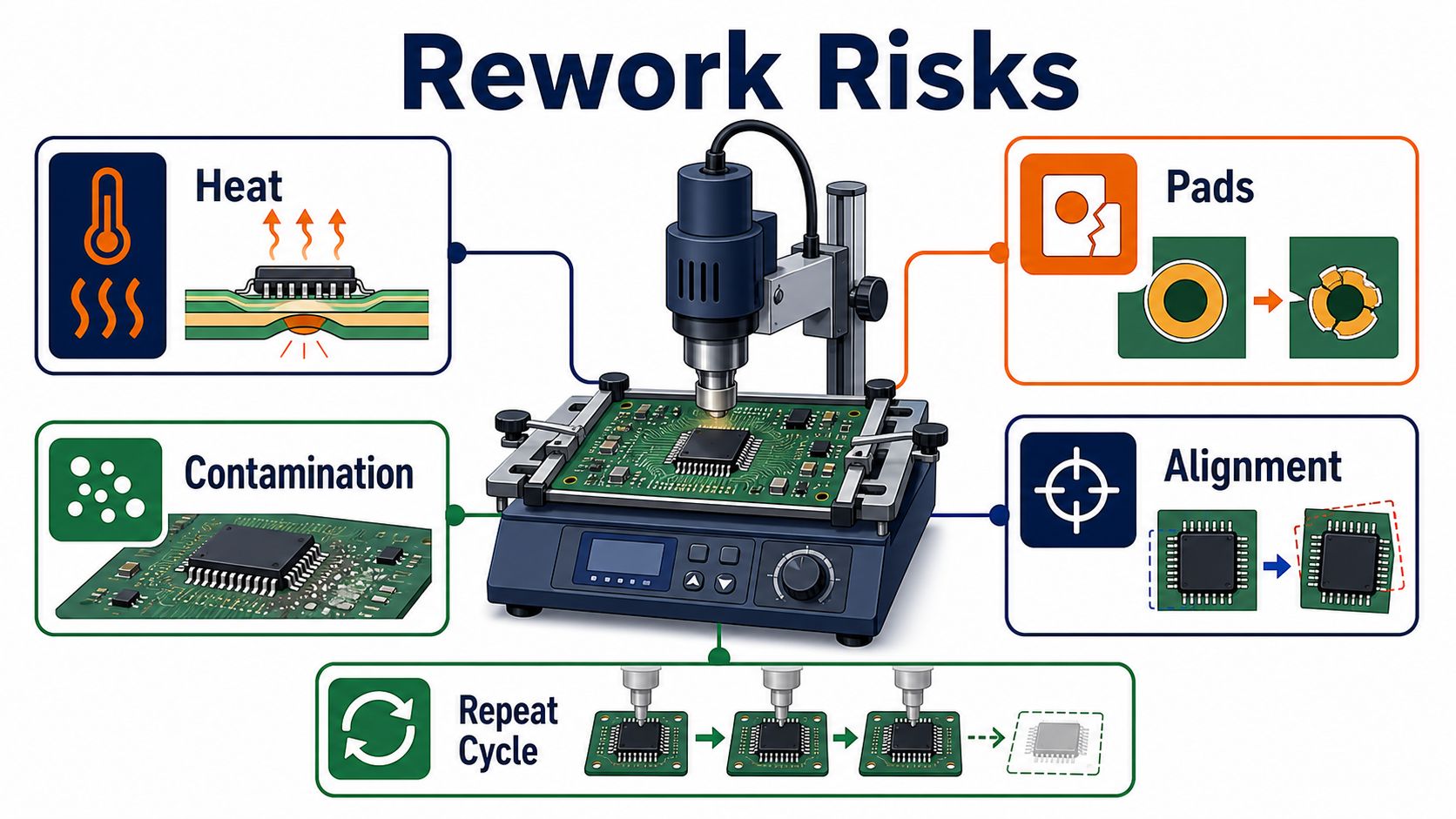 PCB assembly rework risks including heat pad damage contamination alignment and repeat cycles