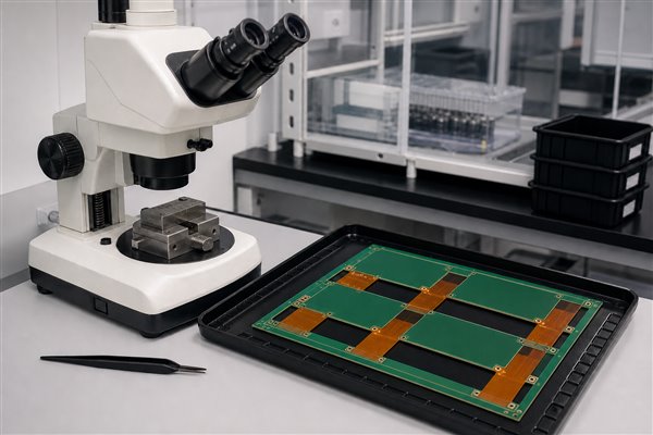 High-density flexible rigid circuit board microsection review in a process laboratory