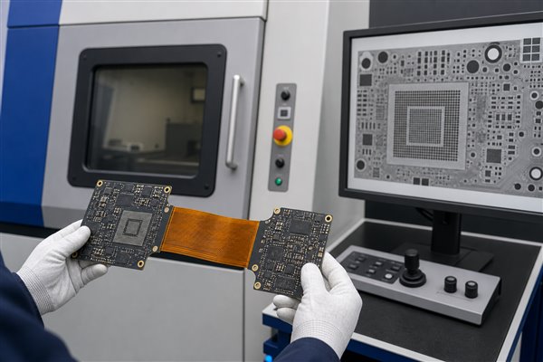 High-density flexible rigid circuit board assembly under X-ray inspection