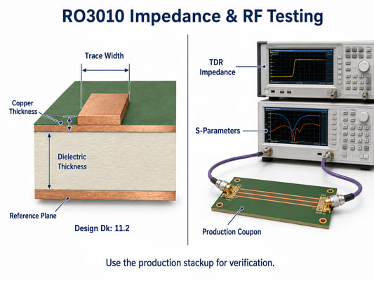 RO3010 controlled-impedance geometry, TDR testing, S-parameter testing, and production coupon verification