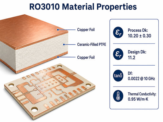 RO3010 material properties with copper foil and ceramic-filled PTFE cross-section