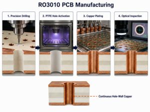 RO3010 PCB manufacturing sequence with precision drilling, plasma PTFE hole activation, copper plating, and optical inspection