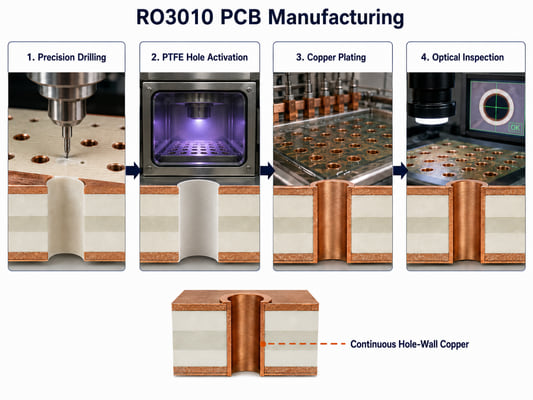 RO3010 PCB manufacturing sequence with precision drilling, plasma PTFE hole activation, copper plating, and optical inspection
