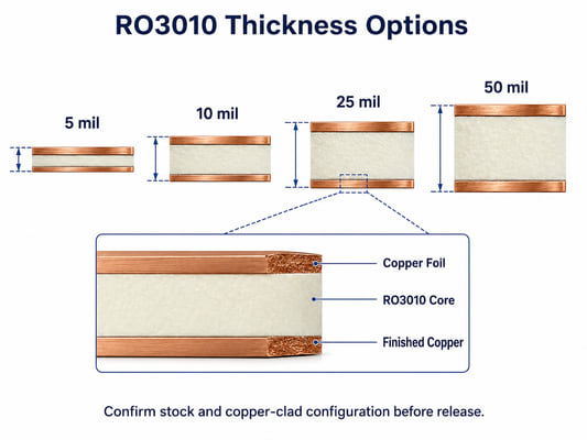 RO3010 5 mil, 10 mil, 25 mil, and 50 mil substrate thickness options