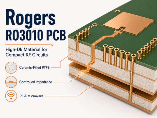 Rogers RO3010 PCB cross-section showing ceramic-filled PTFE, controlled-impedance traces, and RF construction