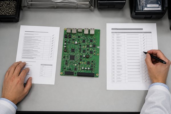 RoHS compliant PCB manufacturer, quality team reviewing PCB compliance documents