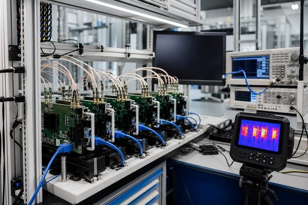 Router PCB functional traffic and thermal testing in production fixtures