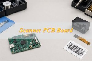 Custom scanner PCB board beside an imaging engine and barcode test card