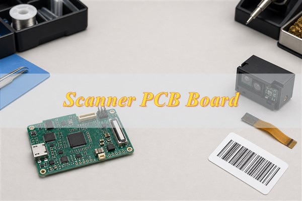 Custom scanner PCB board beside an imaging engine and barcode test card