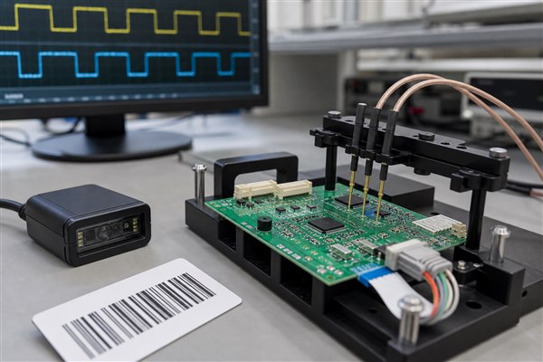 Scanner PCB board functional testing with fixture probes, scan engine, and barcode card