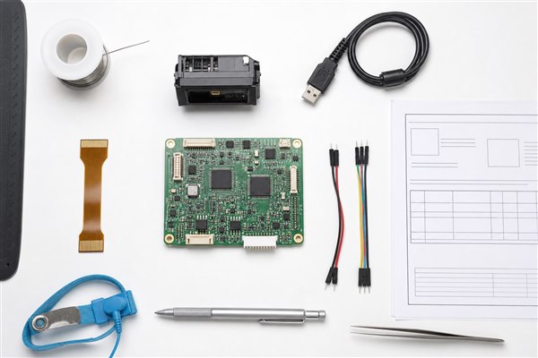 Scanner PCB design inputs with scan engine, FPC, USB cable, and interface planning sheet