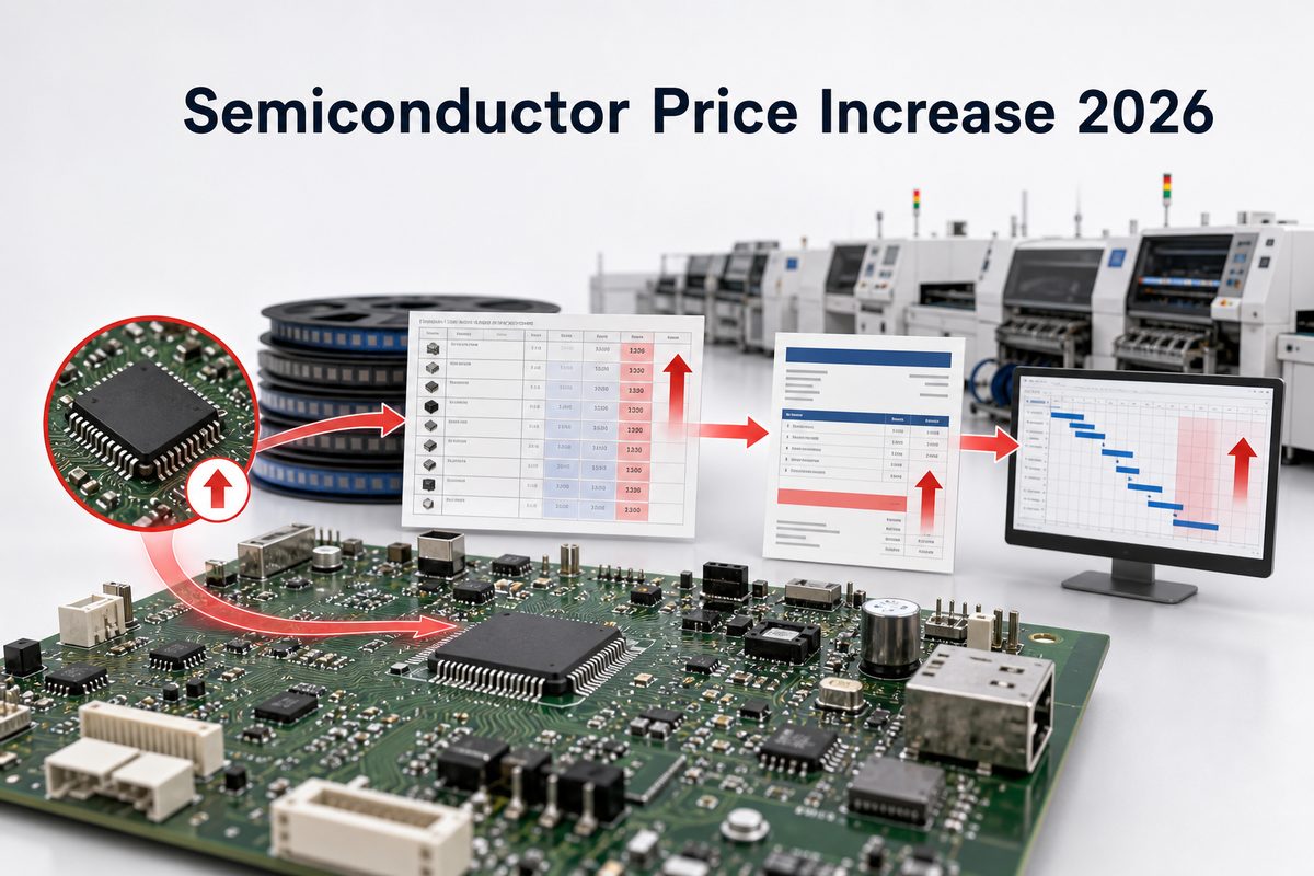 Semiconductor Price Increase 2026 flowing through a PCBA BOM, quotation, and SMT production plan