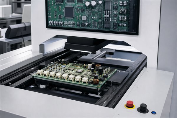 Servo driver board PCB assembly undergoing automated optical inspection