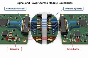 Signal integrity and power integrity controls across a board-to-board module boundary