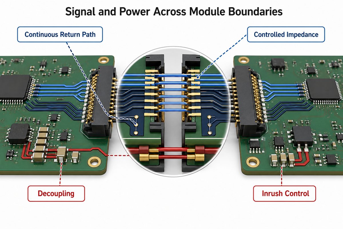 Signal integrity and power integrity controls across a board-to-board module boundary