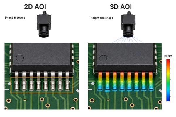SMT AOI comparison of 2D image features and illustrative 3D exposed solder height mapping