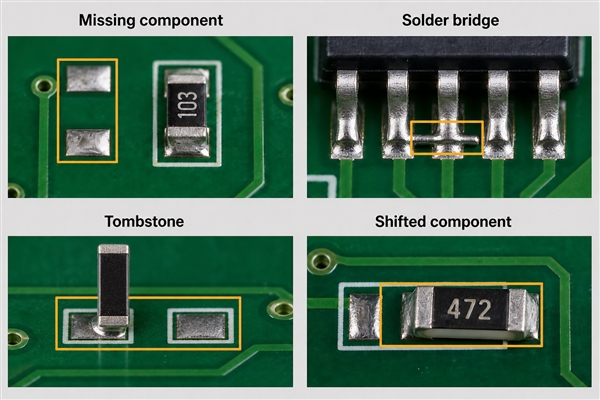 Illustrative SMT AOI defects showing a missing component solder bridge tombstone and offset part
