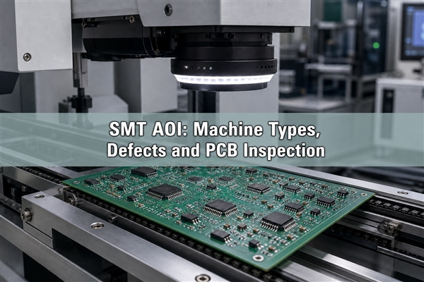 SMT AOI machine inspecting a populated PCB under a non-contact camera