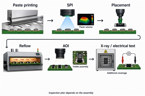 Illustrative SMT AOI process with paste printing SPI placement reflow and complementary tests