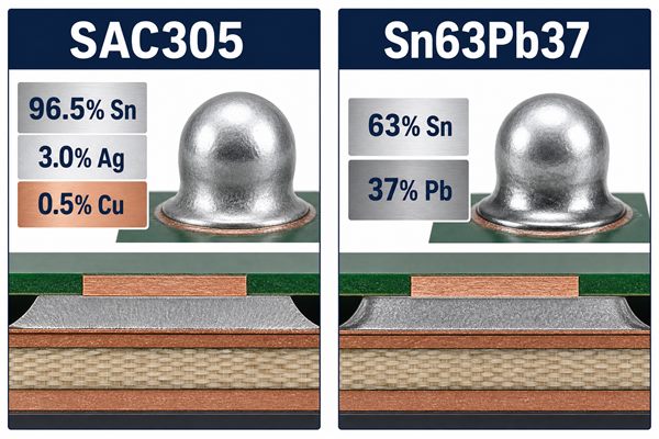 SAC305 and Sn63Pb37 solder alloy composition comparison