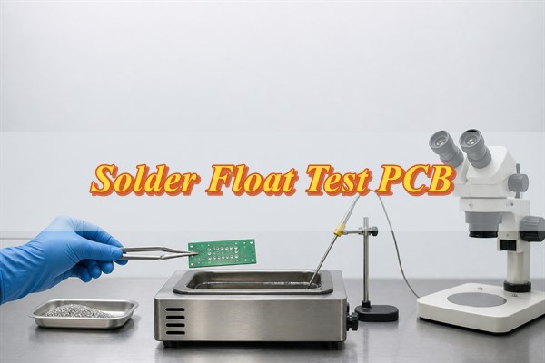 Solder float test PCB coupon above a controlled solder bath in a reliability laboratory