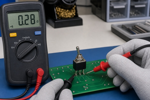 Testing an SPDT switch with a digital multimeter in continuity mode