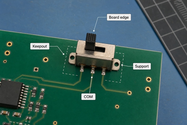 SPDT switch footprint, board-edge placement and mechanical support on PCB
