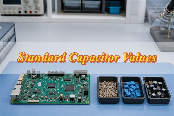 PCB and organized trays of ceramic, film, and electrolytic capacitors on an engineering bench