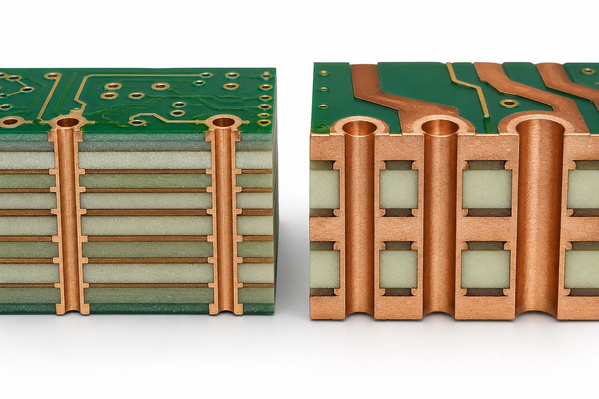 Cutaway comparison of a standard multilayer PCB and a heavy-copper PCB